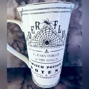 Halloween Apothecary Label Spider Fluids Potion Tall Porcelain Mug  Black White